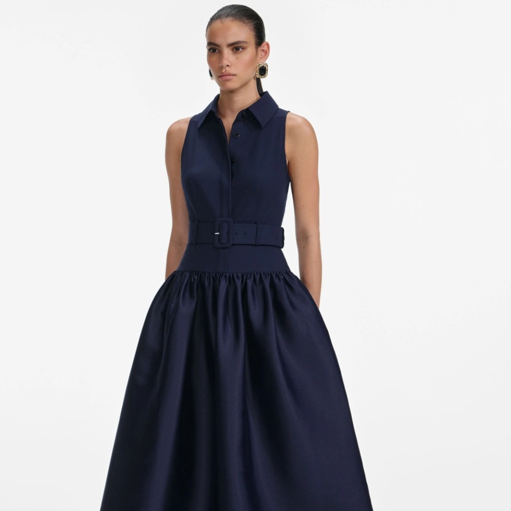 self-portrait Navy Belted Twill Midi Dress 2026 - Size US4 - MSRP $560 - NWT - Picture 2 of 9